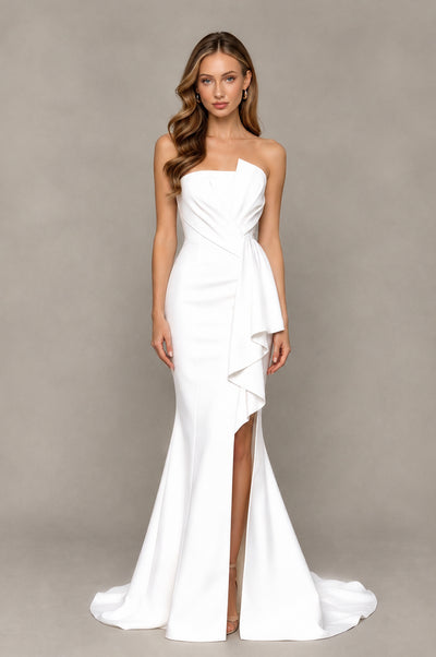 BOLODOO White Strapless Mermaid Evening Dress with Ruffle Slit and Train - White - White_1