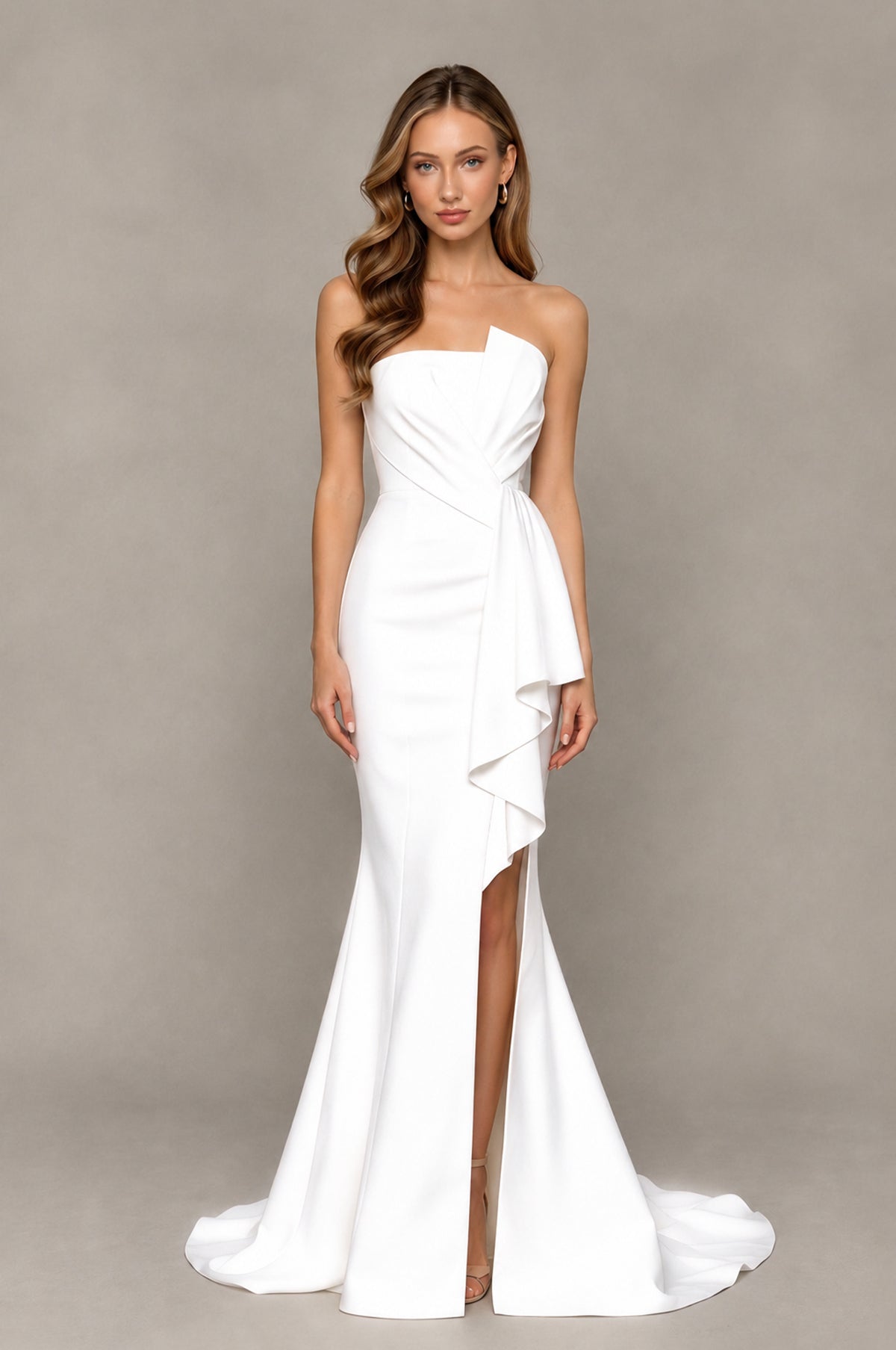 BOLODOO White Strapless Mermaid Evening Dress with Ruffle Slit and Train - White - White_1