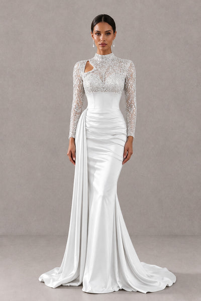 BOLODOO White Long Sleeve Embellished Satin Mermaid Evening Gown - White - White_1