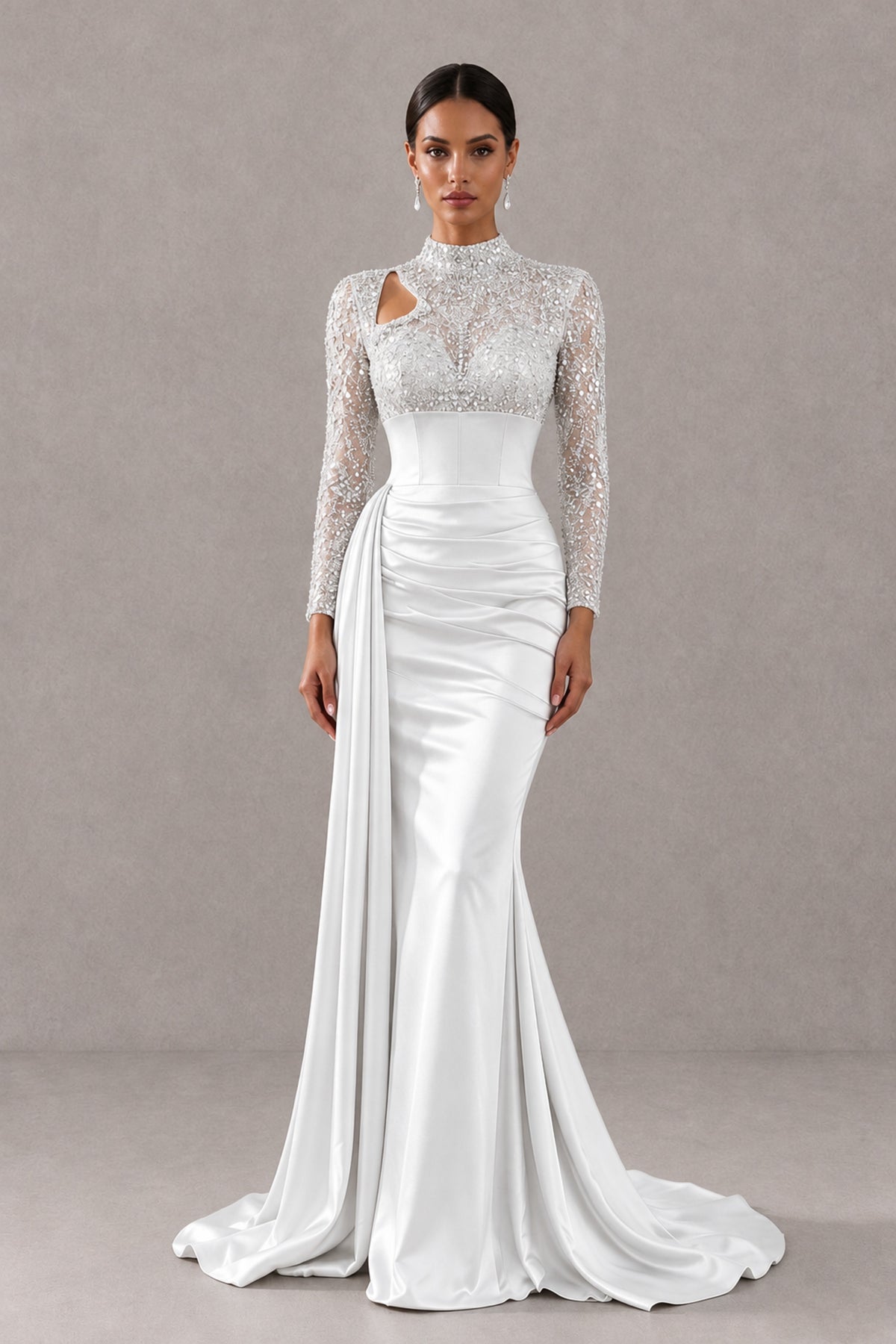 BOLODOO White Long Sleeve Embellished Satin Mermaid Evening Gown - White - White_1