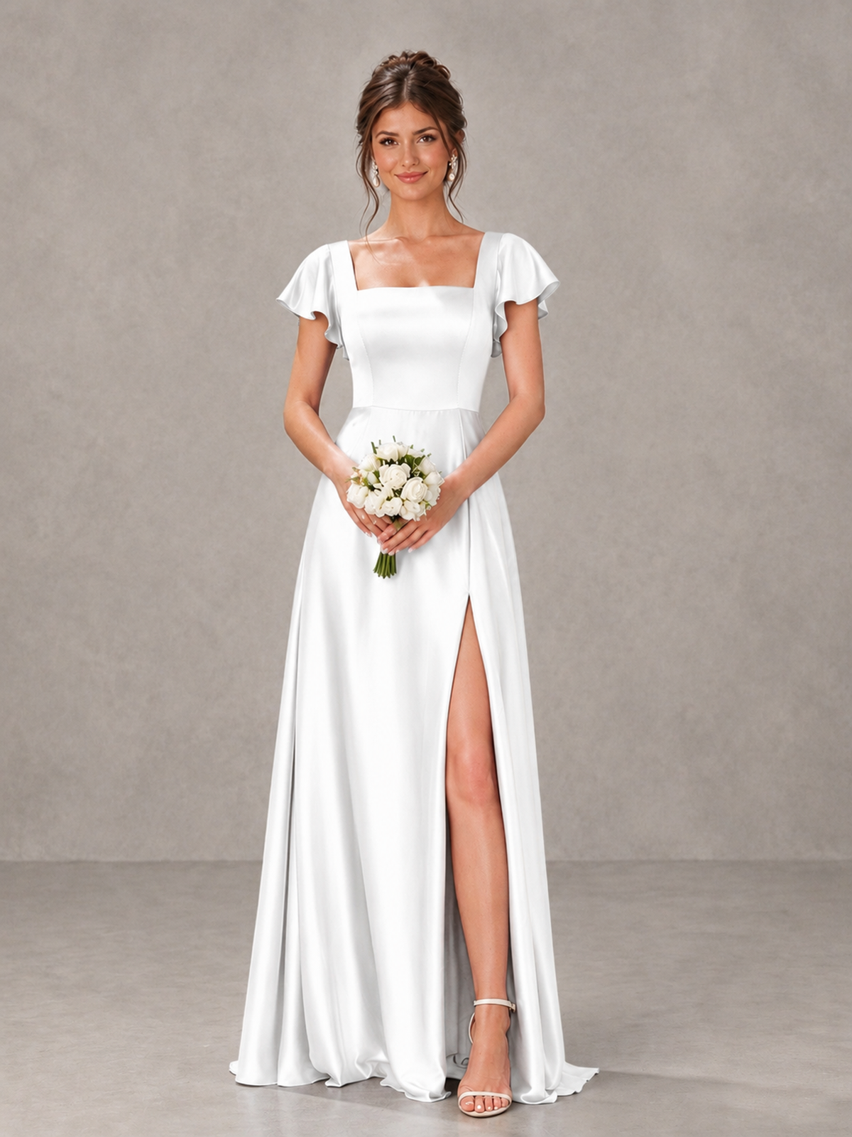 BOLODOO White Satin Square Neck Flutter Sleeve A-Line Bridesmaid Dress with Slit - White - White_1