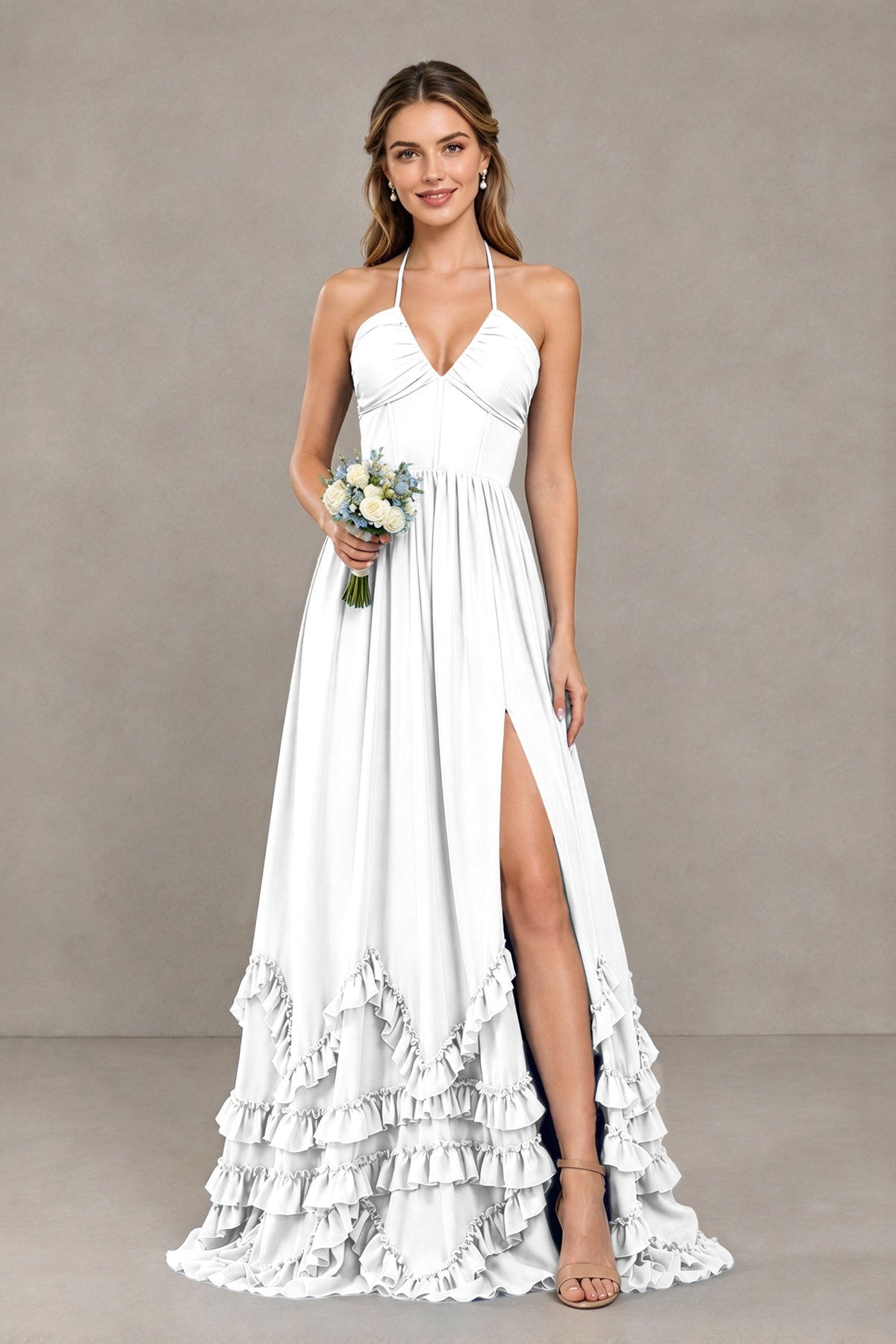 BOLODOO White Halter Ruffle Hem A-Line Bridesmaid Dress with High Slit - White - White(1)