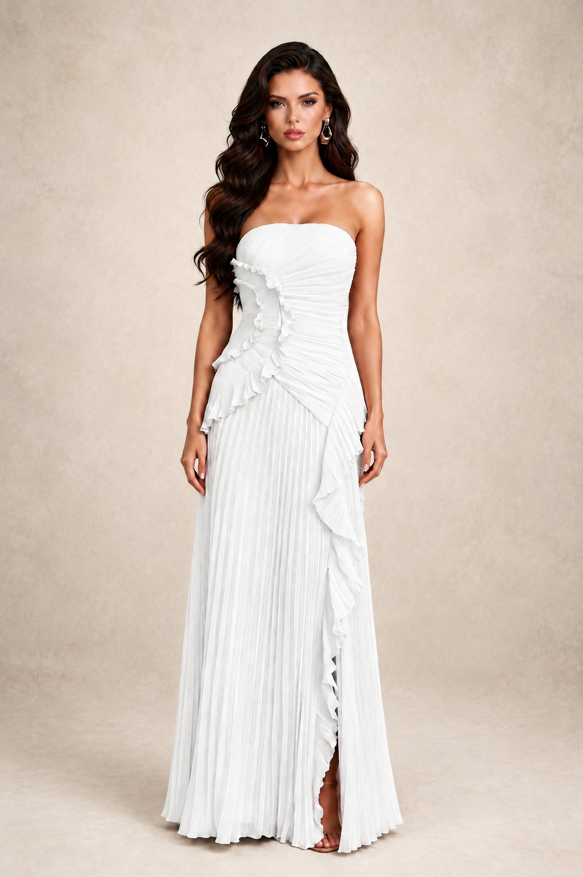 BOLODOO White Strapless Ruffle Pleated Slit Evening Gown - White - White_1