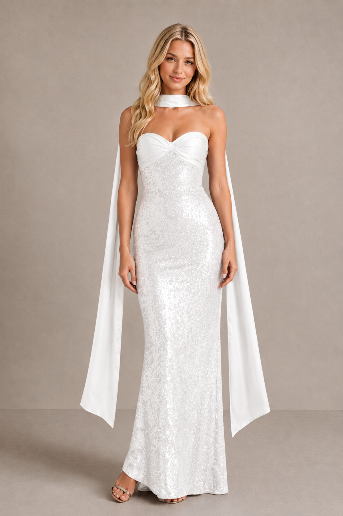 BOLODOO White Strapless Sweetheart Evening Dress with Scarf - White - White_1