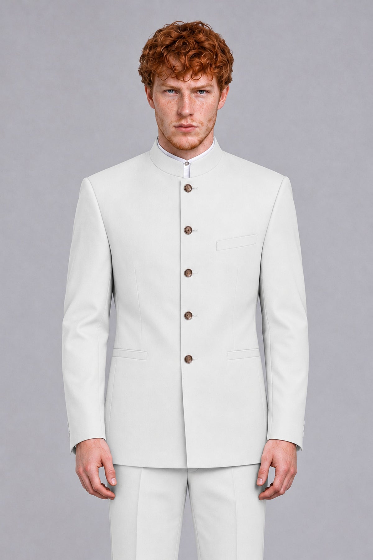 BOLODOO Men's White Mandarin Collar Two-Piece Suit - White - White_1