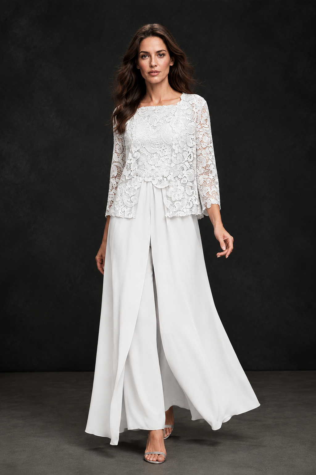 BOLODOO White Grey Lace Peplum Top & Wide-Leg Chiffon Pants Set | Mother of the Bride & Formal Evening Outfit - White