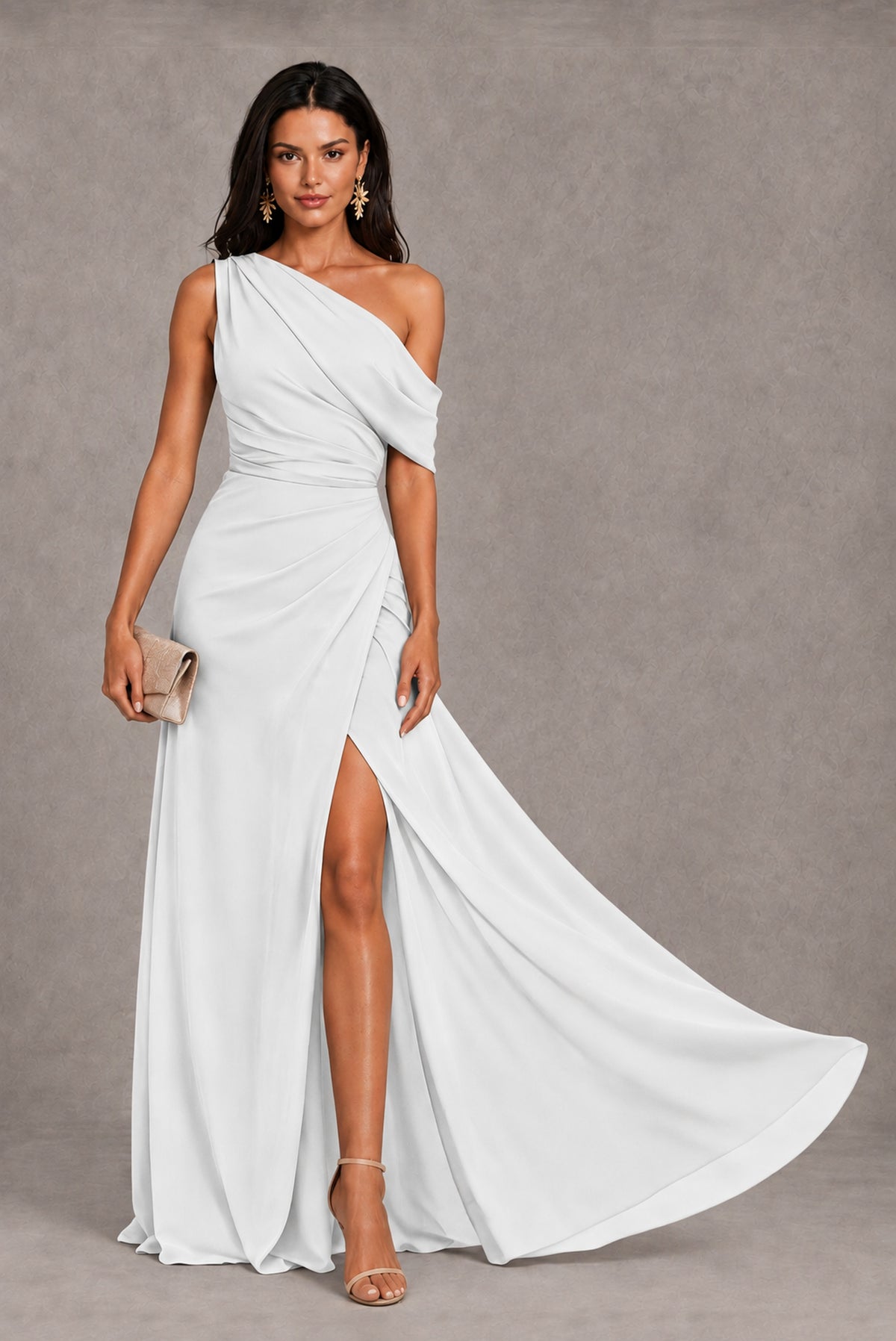 White One-Shoulder Floor-Length Evening Gown with High Slit - White