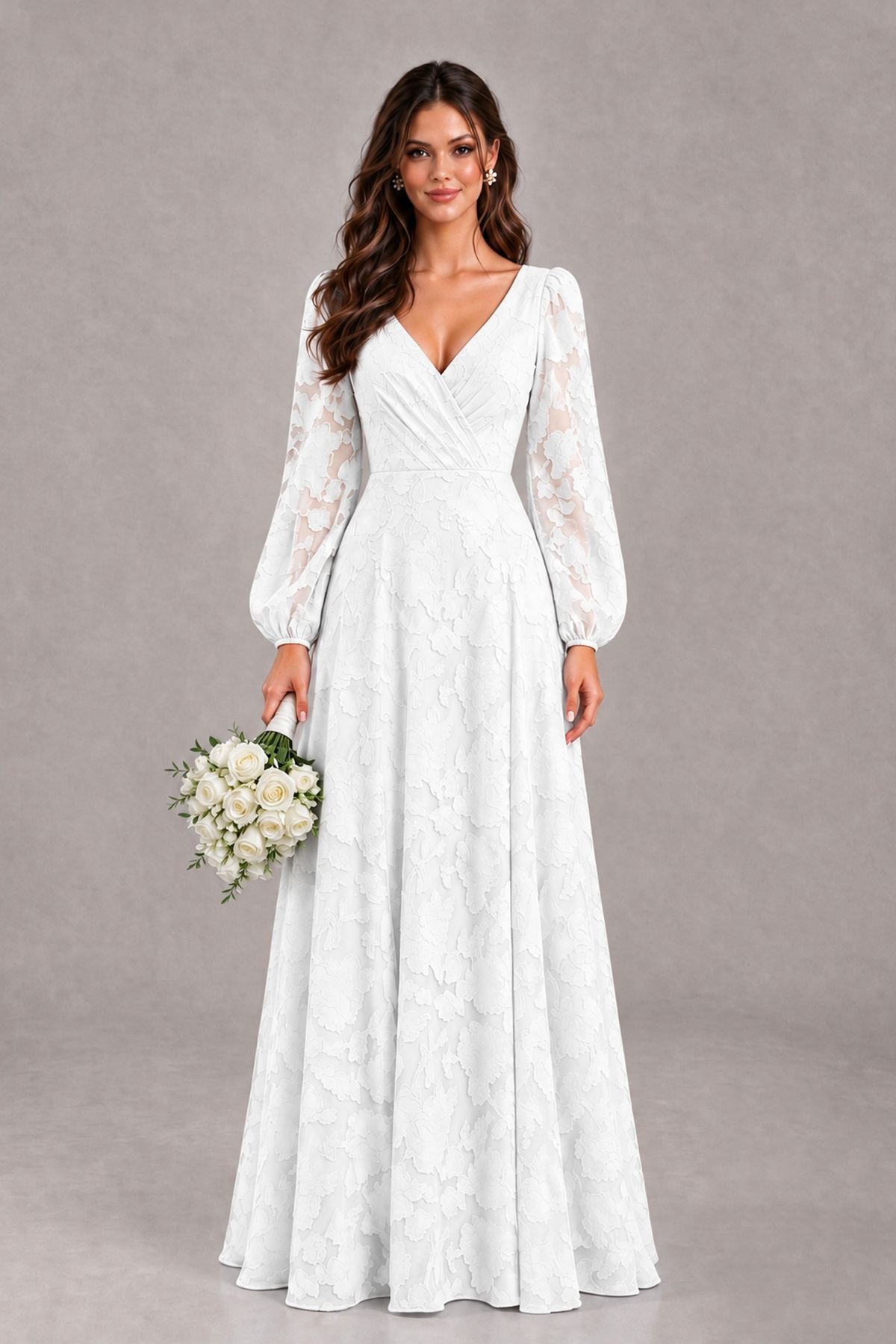 BOLODOO White Long Sleeve V-Neck A-Line Mother of the Bride Dress - White - White_1