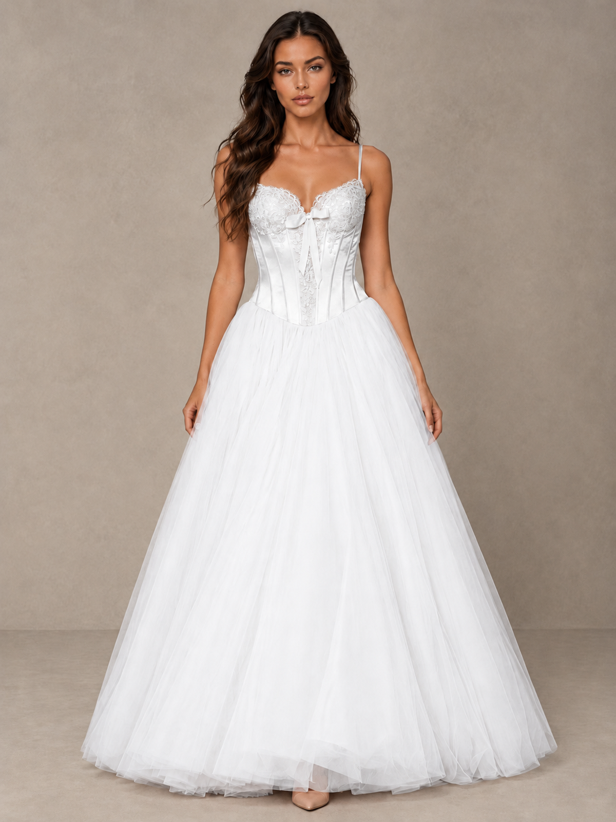 BOLODOO White Corset Tulle Prom Dress with Spaghetti Straps - White - White_1