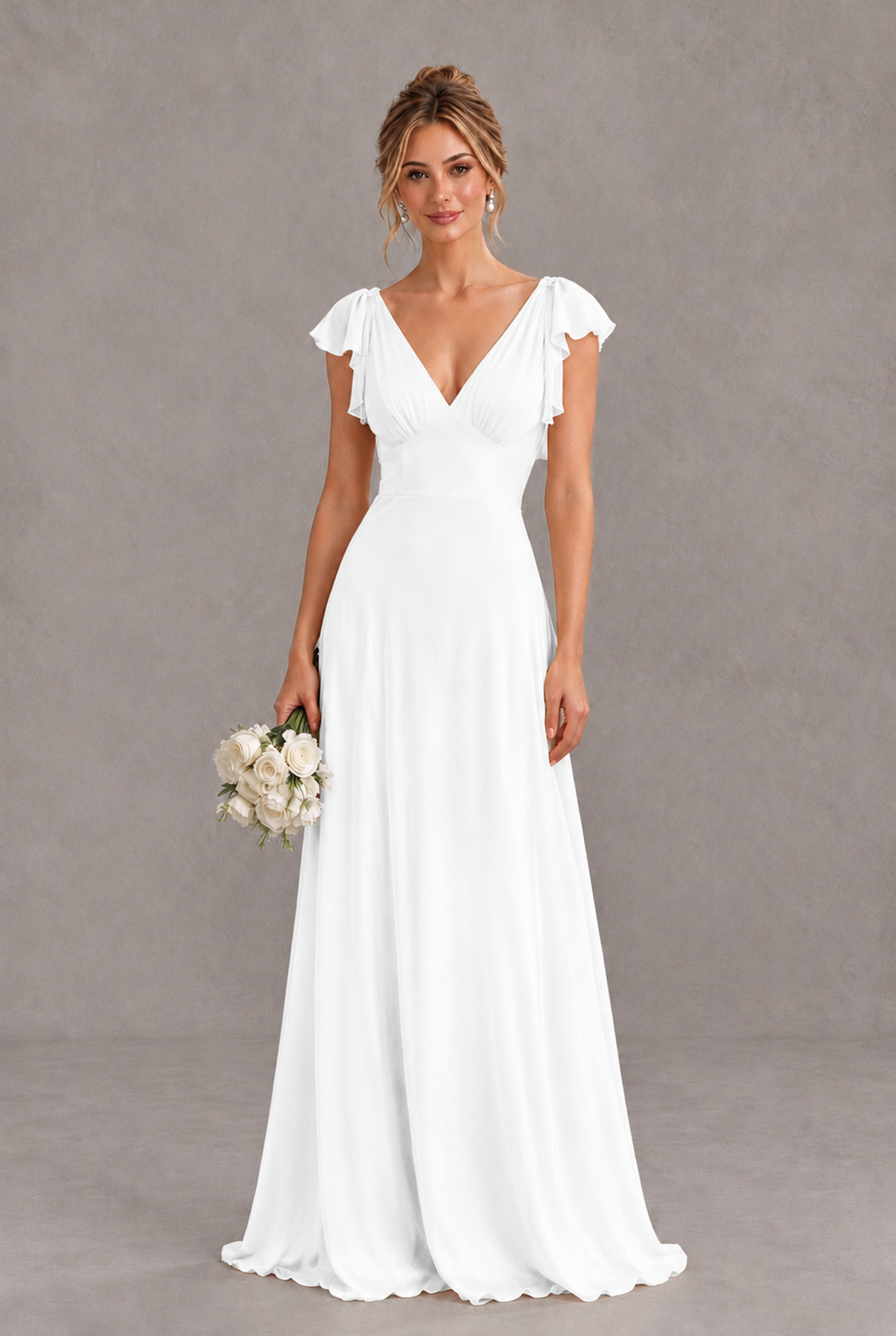 BOLODOO White V-Neck Flutter Sleeve A-Line Bridesmaid Dress - White - White_1