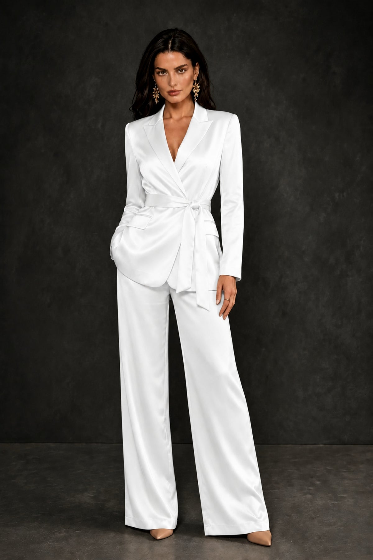BOLODOO White Satin Wrap Blazer Wide-Leg Pants Two-Piece Suit Set – Evening Gala Wedding Guest - White