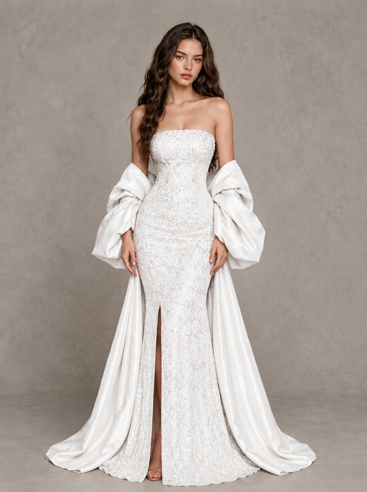 BOLODOO White Strapless Sparkle Mermaid Prom Dress with Front Slit and Draped Sleeves - White - White_1