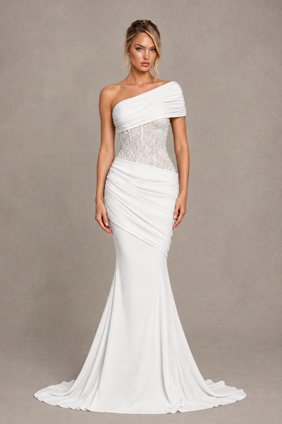 BOLODOO White One-Shoulder Sequin Embroidered Ruched Mermaid Gown with Train - White - White_1