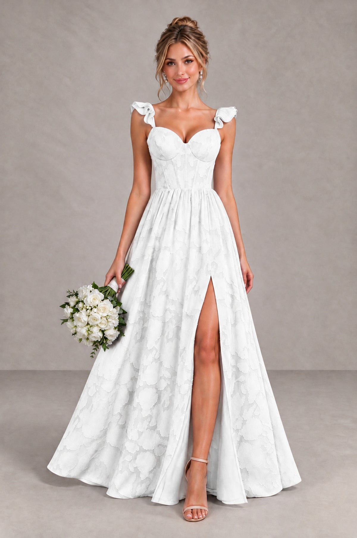 BOLODOO White Floral A-Line Bridesmaid Dress with Slit Ruffle Straps Maxi Gown - White - White_1