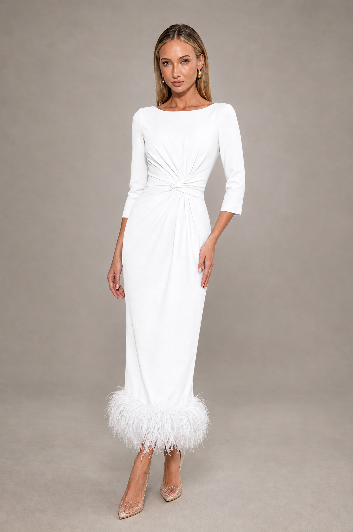 BOLODOO White Feather-Trim Twist-Waist Midi Dress - White - White_1