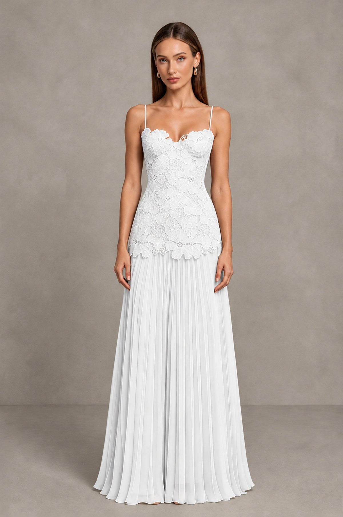 BOLODOO White Lace Bodice Pleated Wedding Guest Dress - White - White_1