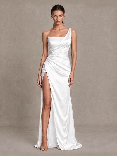 BOLODOO White One Shoulder Satin Evening Gown with High Slit and Sweep Train - White - White_1