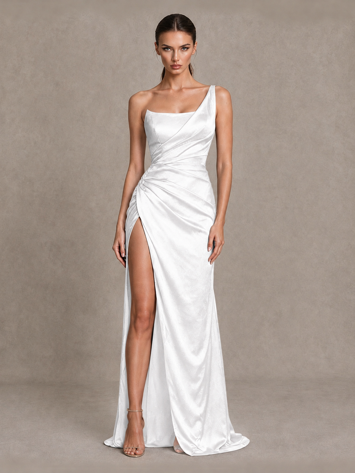 BOLODOO White One Shoulder Satin Evening Gown with High Slit and Sweep Train - White - White_1