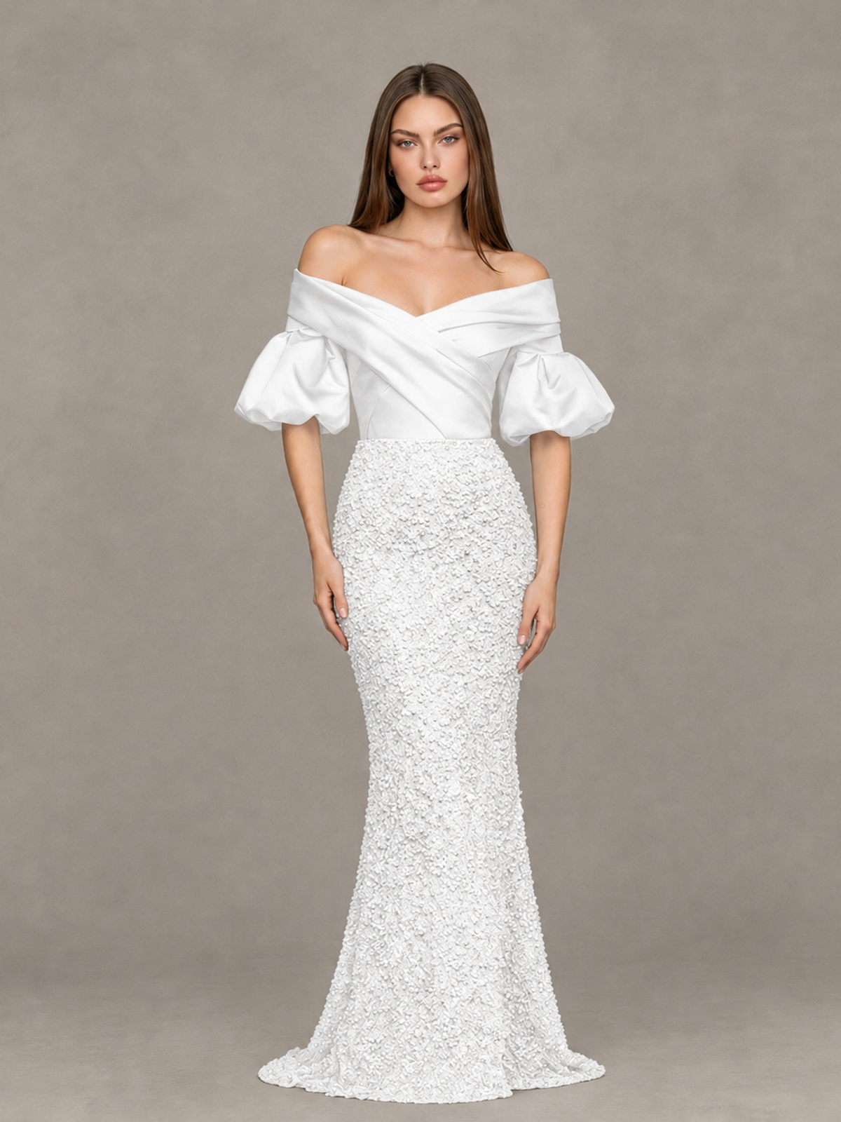 BOLODOO White Off-Shoulder Puff Sleeve Sequin Mermaid Evening Dress - White - White_1