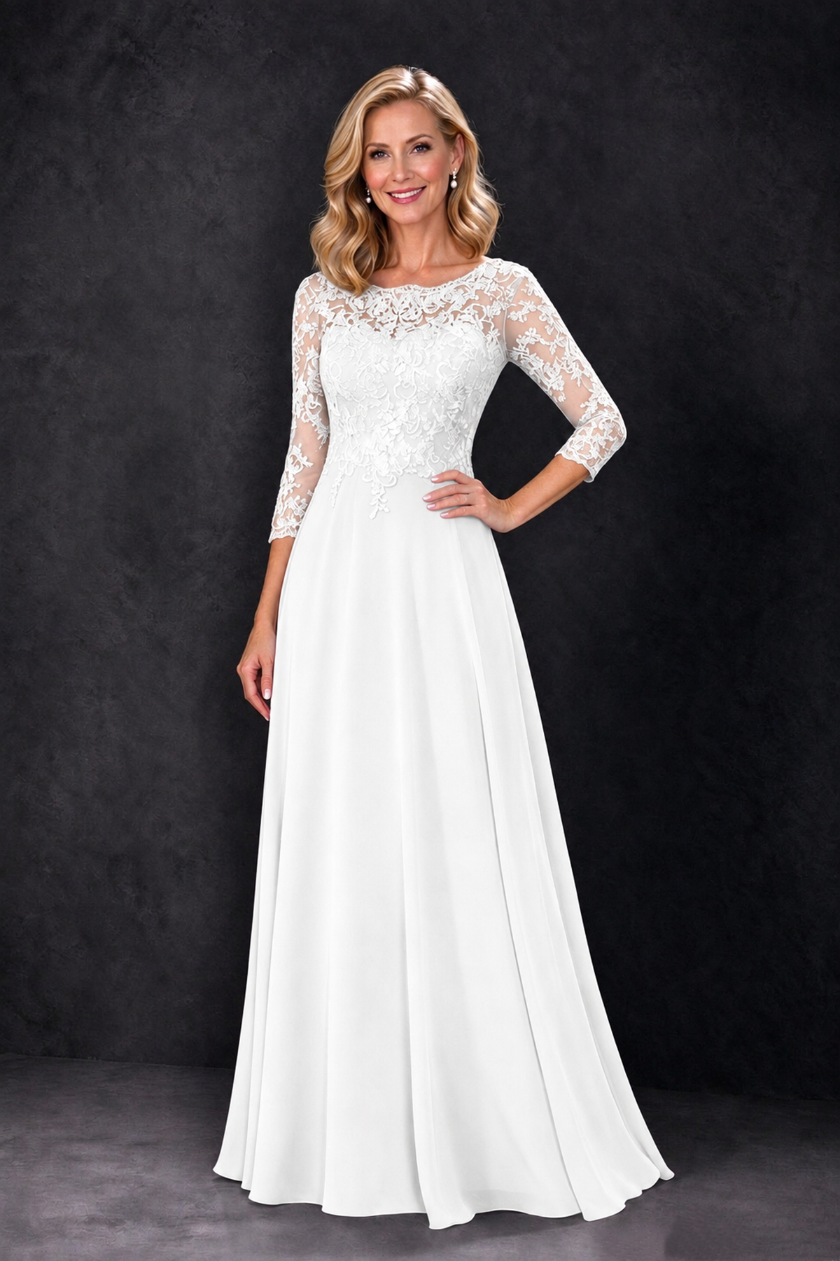BOLODOO White Lace Embroidered Mother of the Bride Dress with 3/4 Sleeves - White - White_1