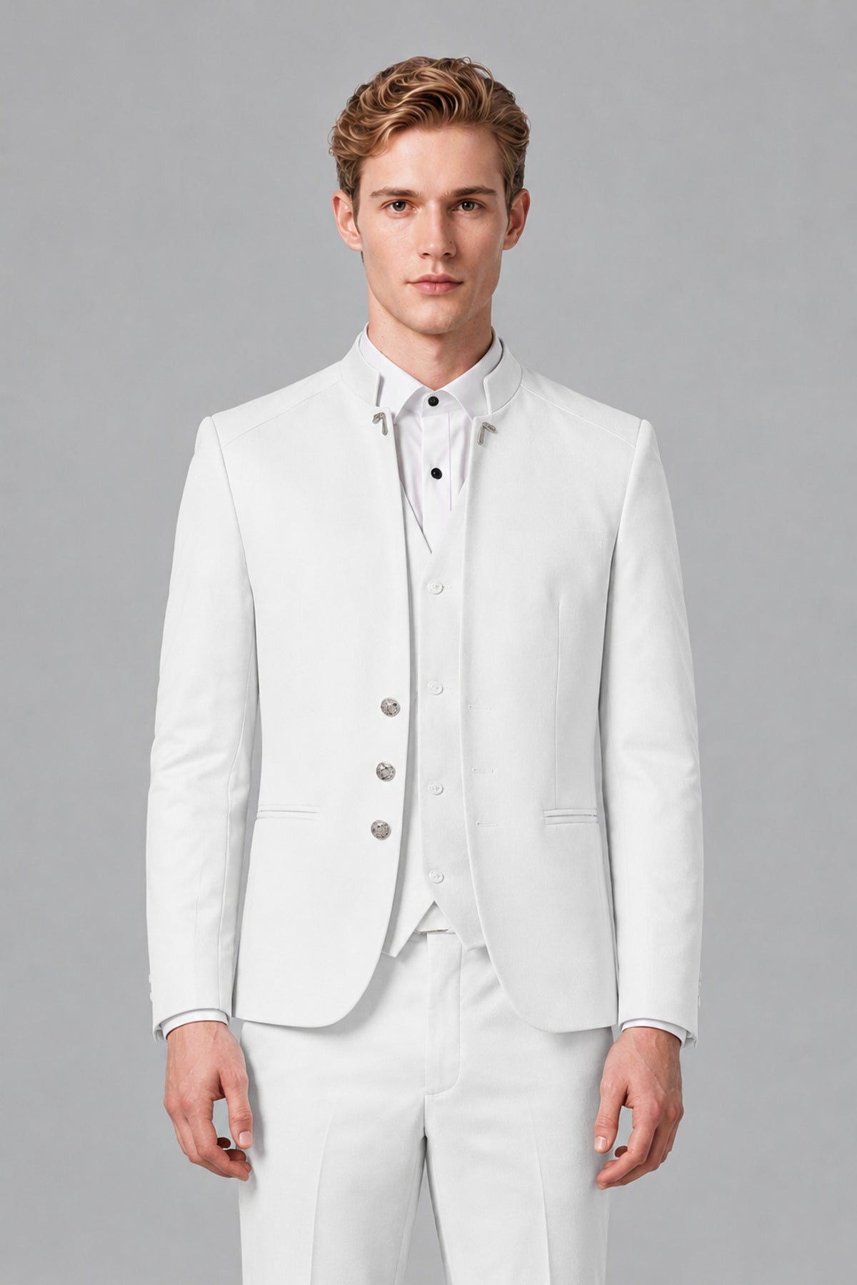 Bolodoo Men's White Mandarin Collar 3-Piece Suit – Jacket, Vest & Trousers - White - White_1