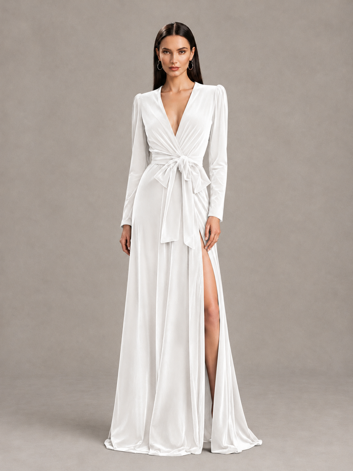 BOLODOO White Long Sleeve Velvet-Look Evening Dress with High Slit - White - White_1