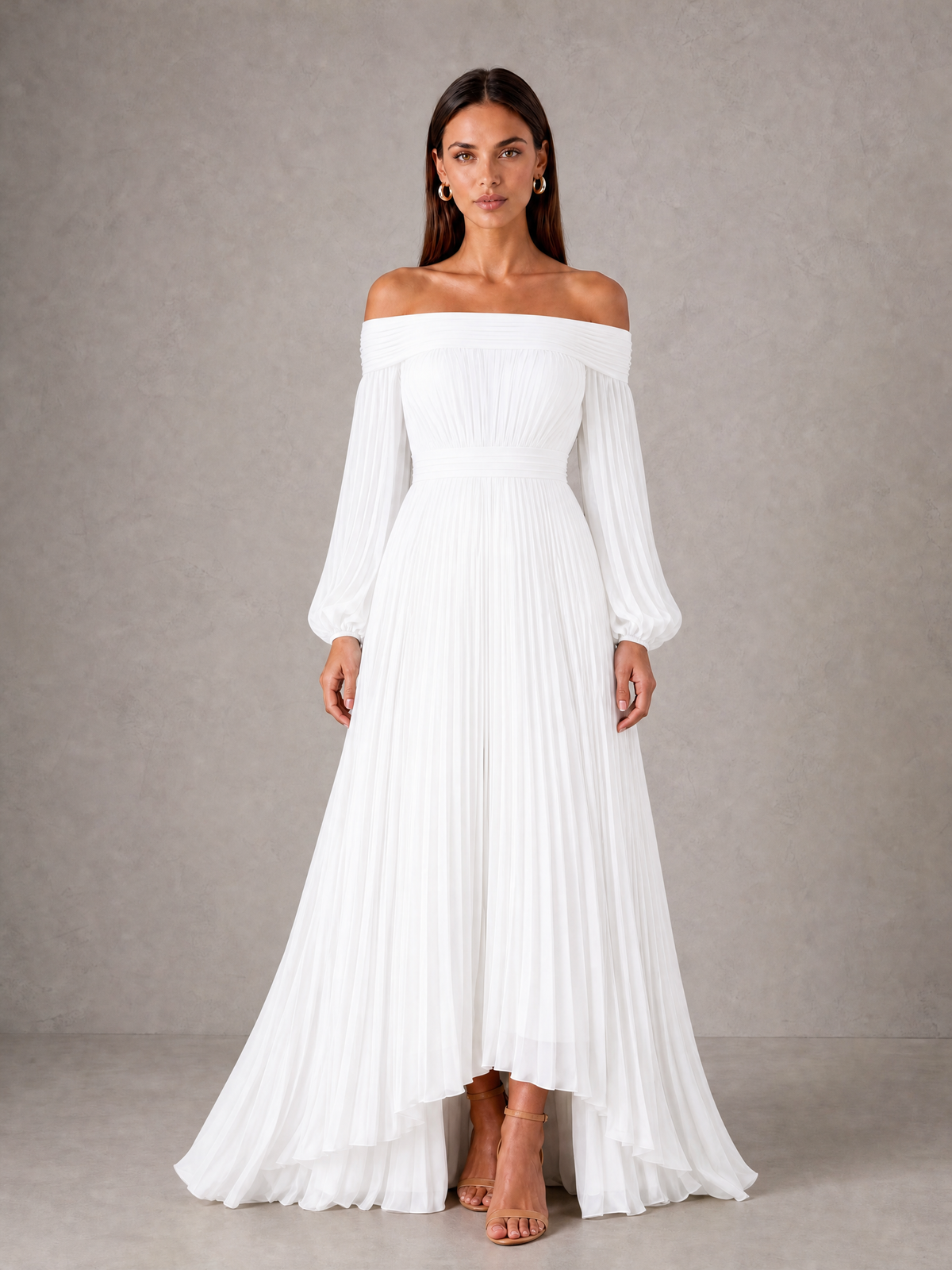 BOLODOO White Off-Shoulder Long Sleeve Pleated High-Low Dress - White - White_1