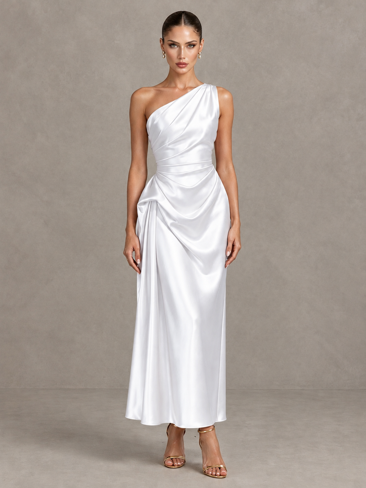 BOLODOO White One Shoulder Satin Cocktail Dress with Draped A-Line Skirt - White - White_1