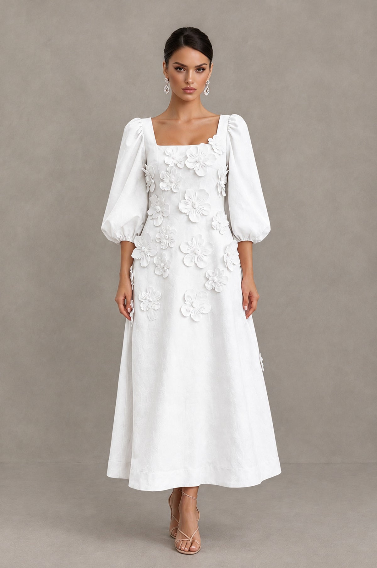 BOLODOO White 3D Floral Puff Sleeve Midi Cocktail Dress - White - White_1