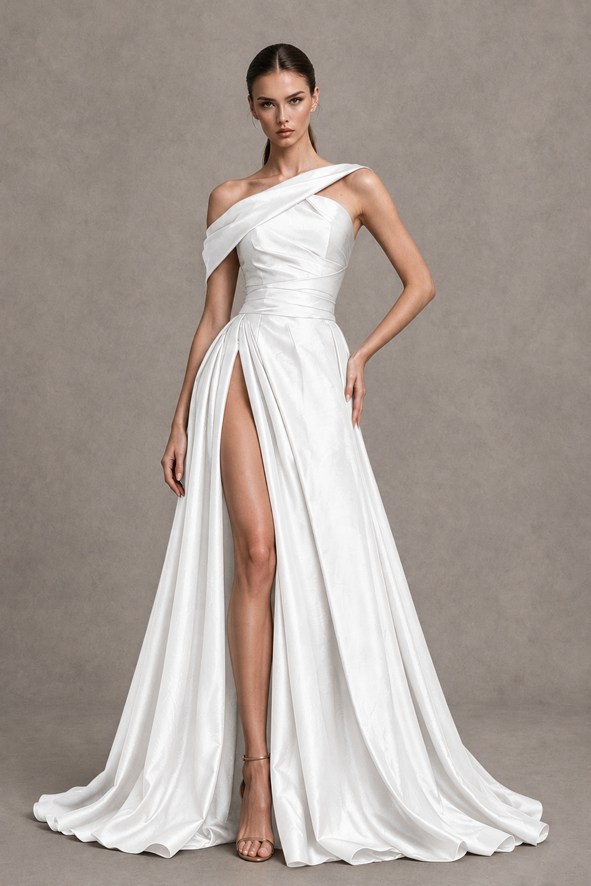 BOLODOO White Asymmetric Satin-Look A-Line Prom Dress with High Slit - White - White_1