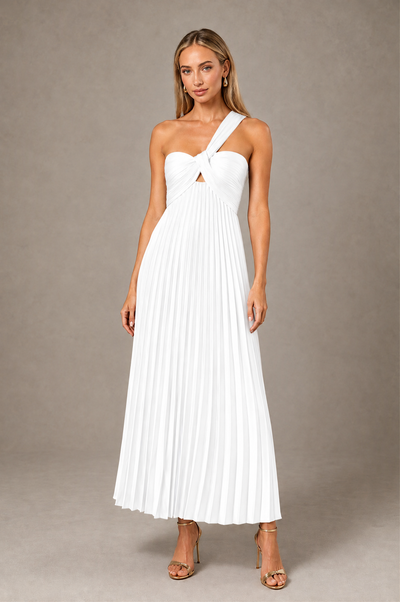 BOLODOO White One-Shoulder Twist Knot Pleated Satin Midi Dress with Cutout - White - White_1