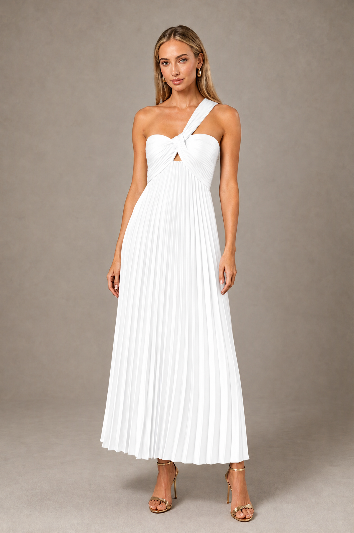 BOLODOO White One-Shoulder Twist Knot Pleated Satin Midi Dress with Cutout - White - White_1