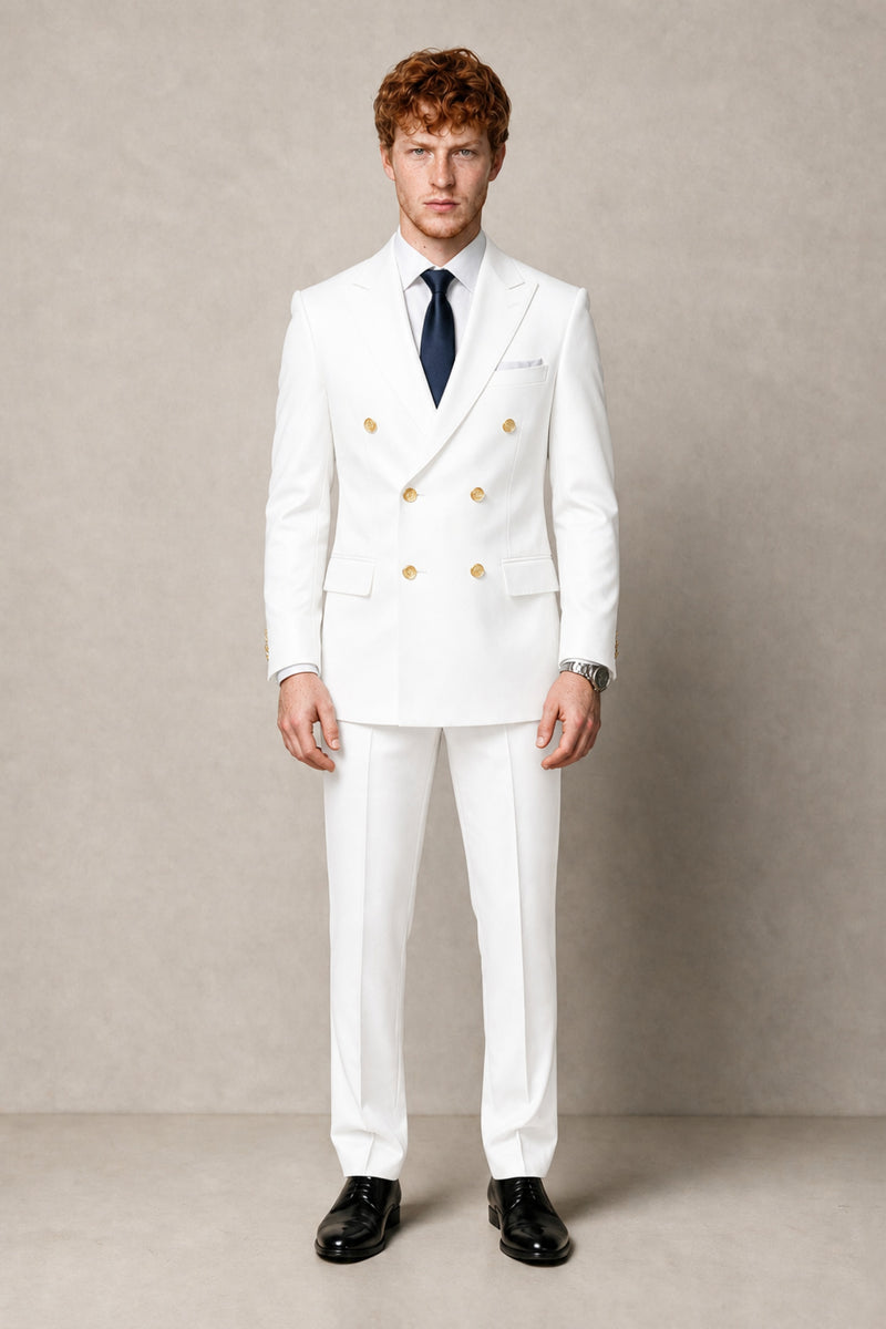 BOLODOO Men's White Double-Breasted 2-Piece Suit | White Button Peak Lapel Blazer & Trousers - White