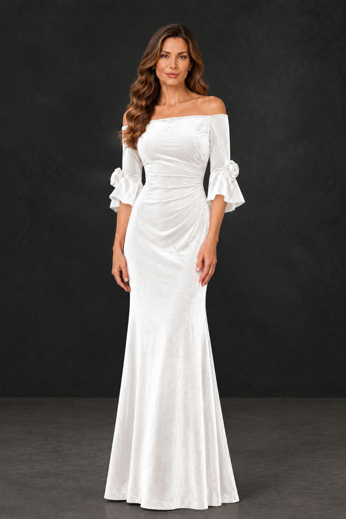 BOLODOO White Velvet Mother of the Bride Dress with Rosette Sleeves - White - White_1