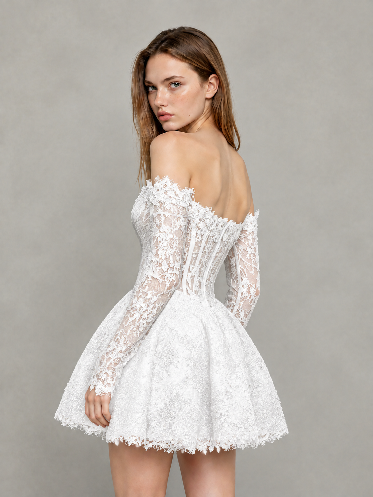 BOLODOO White Off-Shoulder Long Sleeve Sheer Lace Sequin Corset A-Line Mini Dress | Open Back Cocktail Party Dress - White