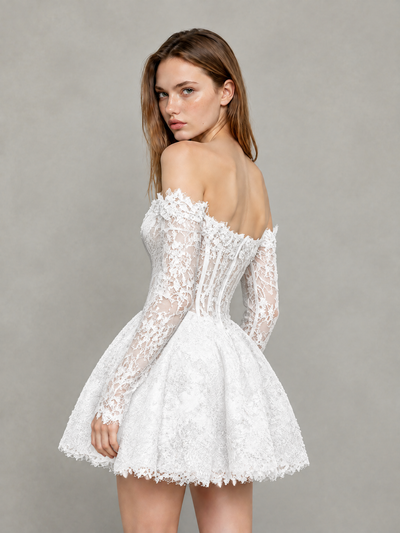 BOLODOO White Off-Shoulder Long Sleeve Sheer Lace Sequin Corset A-Line Mini Dress | Open Back Cocktail Party Dress - White
