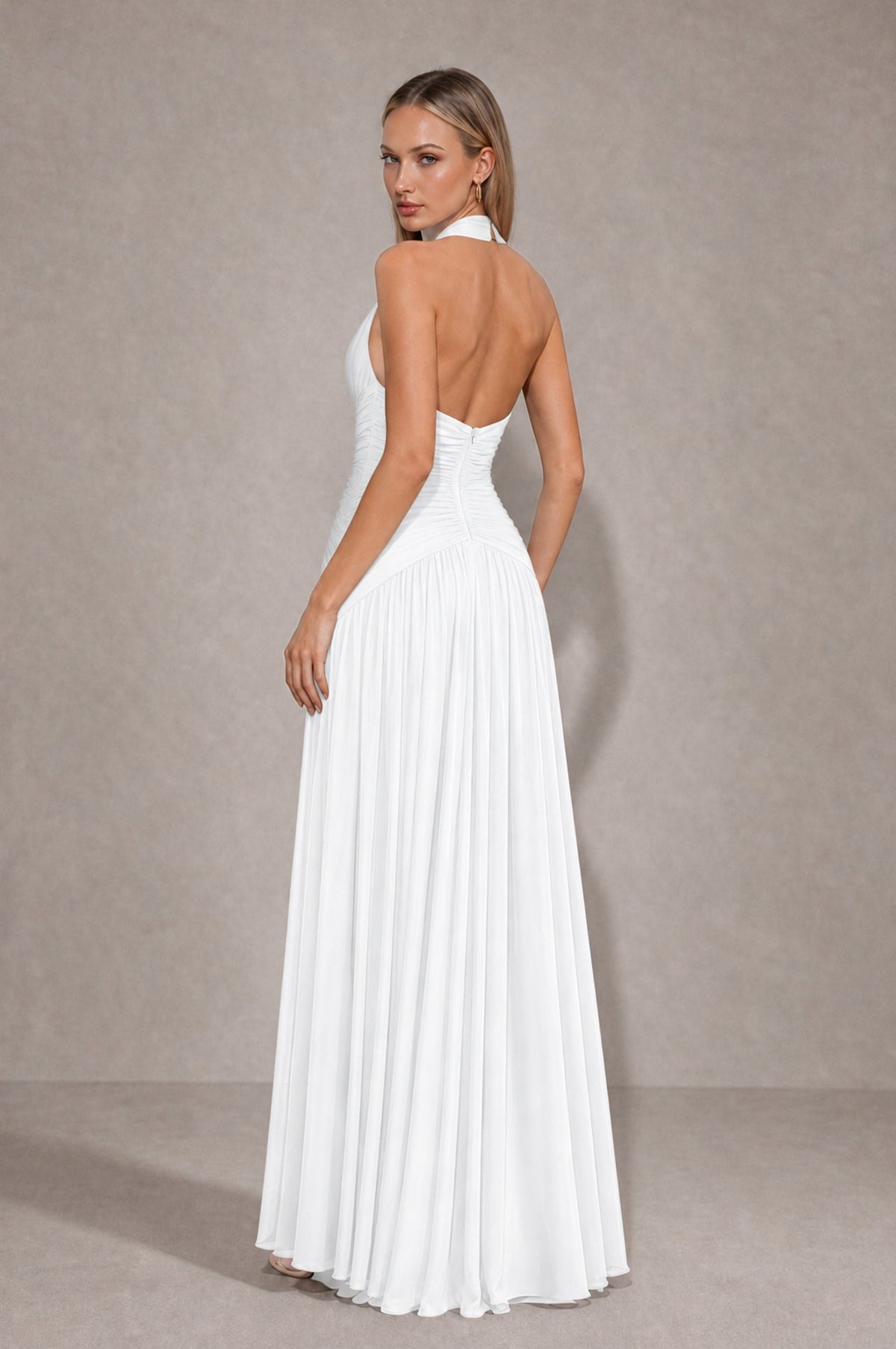 BOLODOO White Chiffon Halter Deep V-Neck Ruched A-Line Backless Maxi Dress with Train-BD0167 - White - White_2