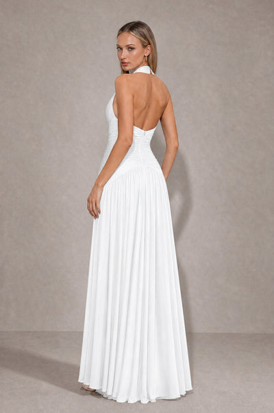 BOLODOO White Chiffon Halter Deep V-Neck Ruched A-Line Backless Maxi Dress with Train-BD0167 - White - White_2