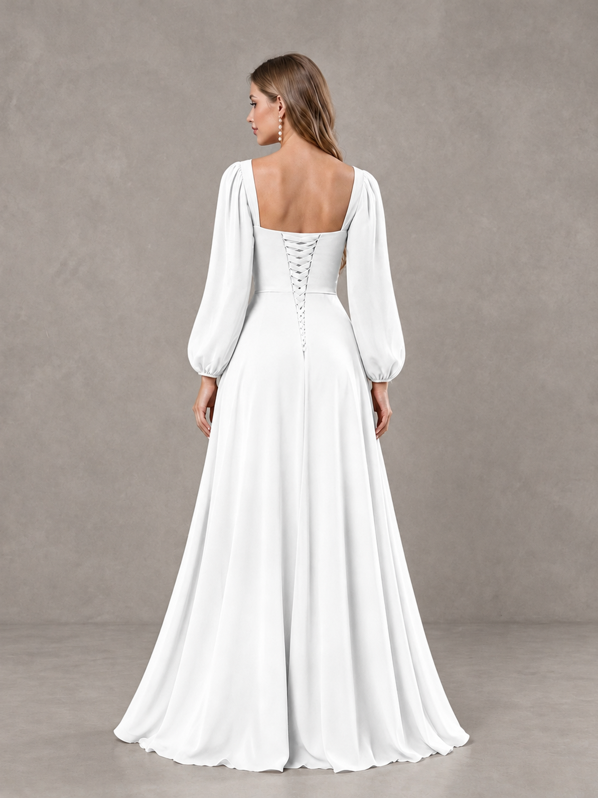 BOLODOO White Square Neck Long Sleeve Bridesmaid Dress with Ruffle Slit - White - White_2