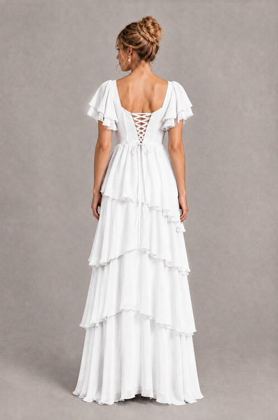 BOLODOO White Square Neck Flutter Sleeve Tiered Chiffon Bridesmaid Dress with Lace-Up Back - White - White_2