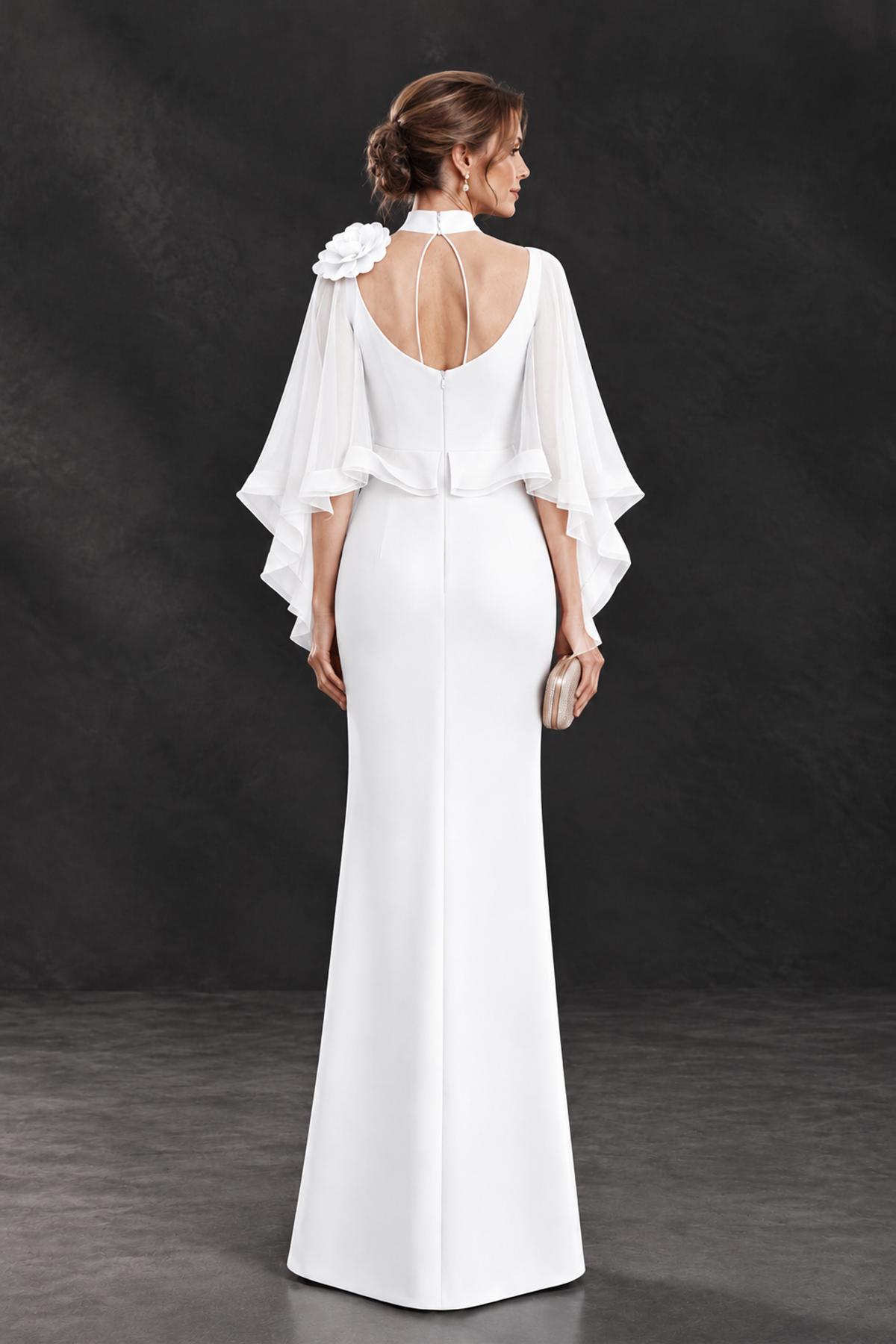 BOLODOO White Floral Cape Sleeve Mother of the Bride Dress - White - White_2