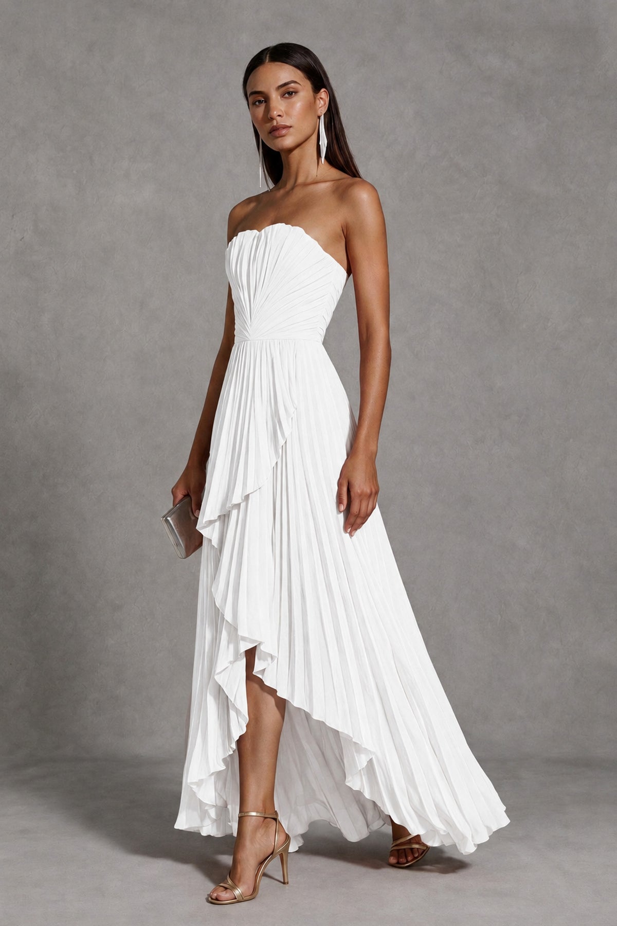 White Strapless Pleated High-Low Evening Gown with Ruffle Hem - White
