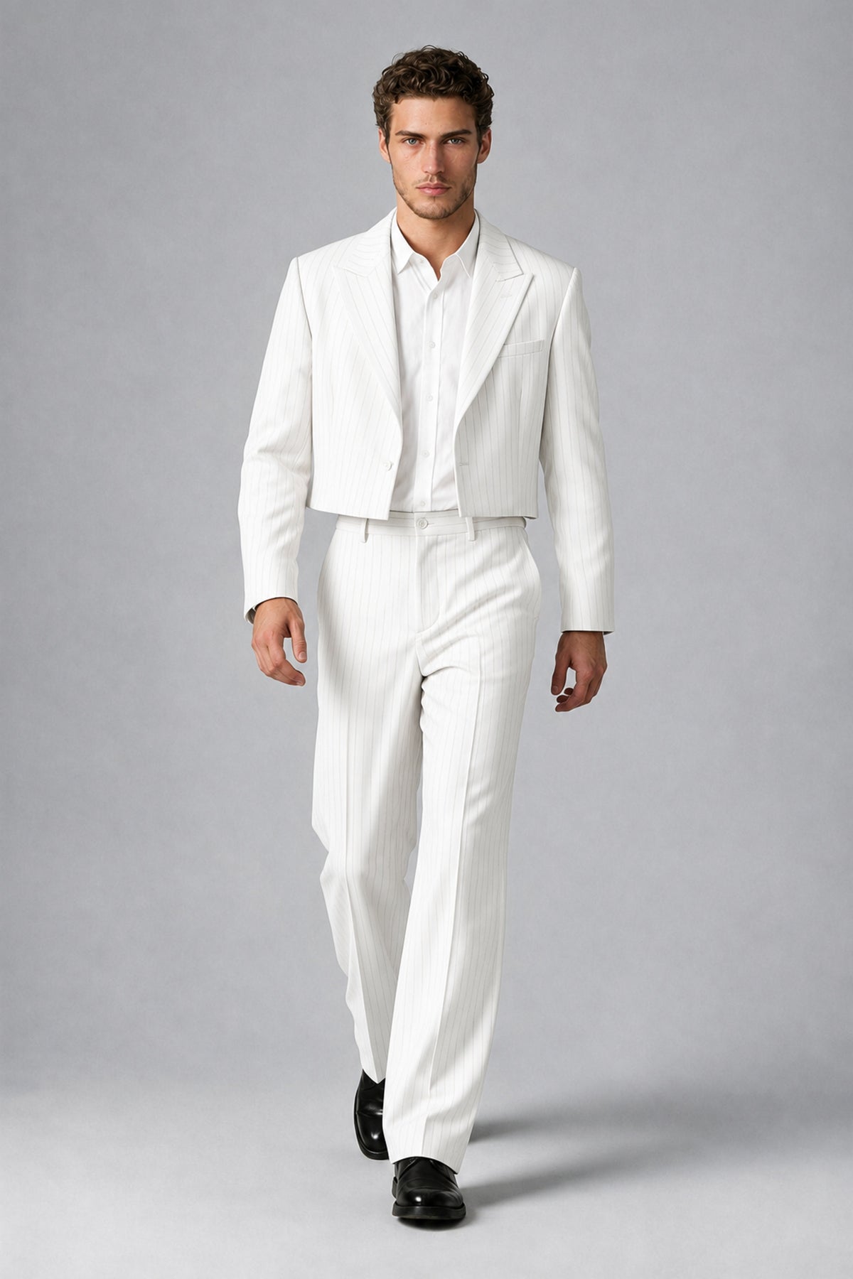 Bolodoo Men's White Pinstripe Two-Piece Suit with Cropped Blazer & Wide-Leg Trousers - White - White_2