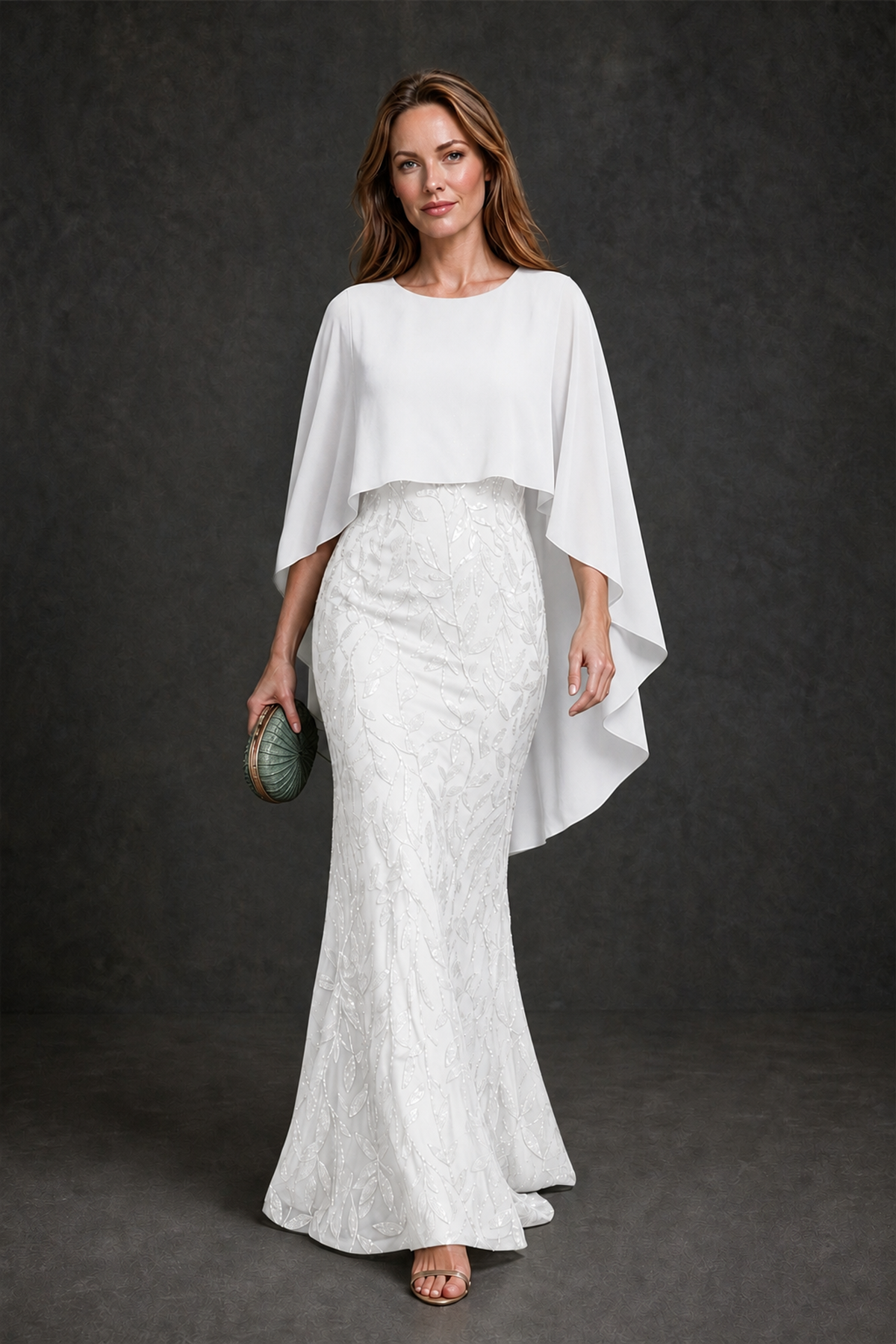 BOLODOO White Round Neck Chiffon Cape Overlay Sequin Lace Mermaid Maxi Dress - White - White_2