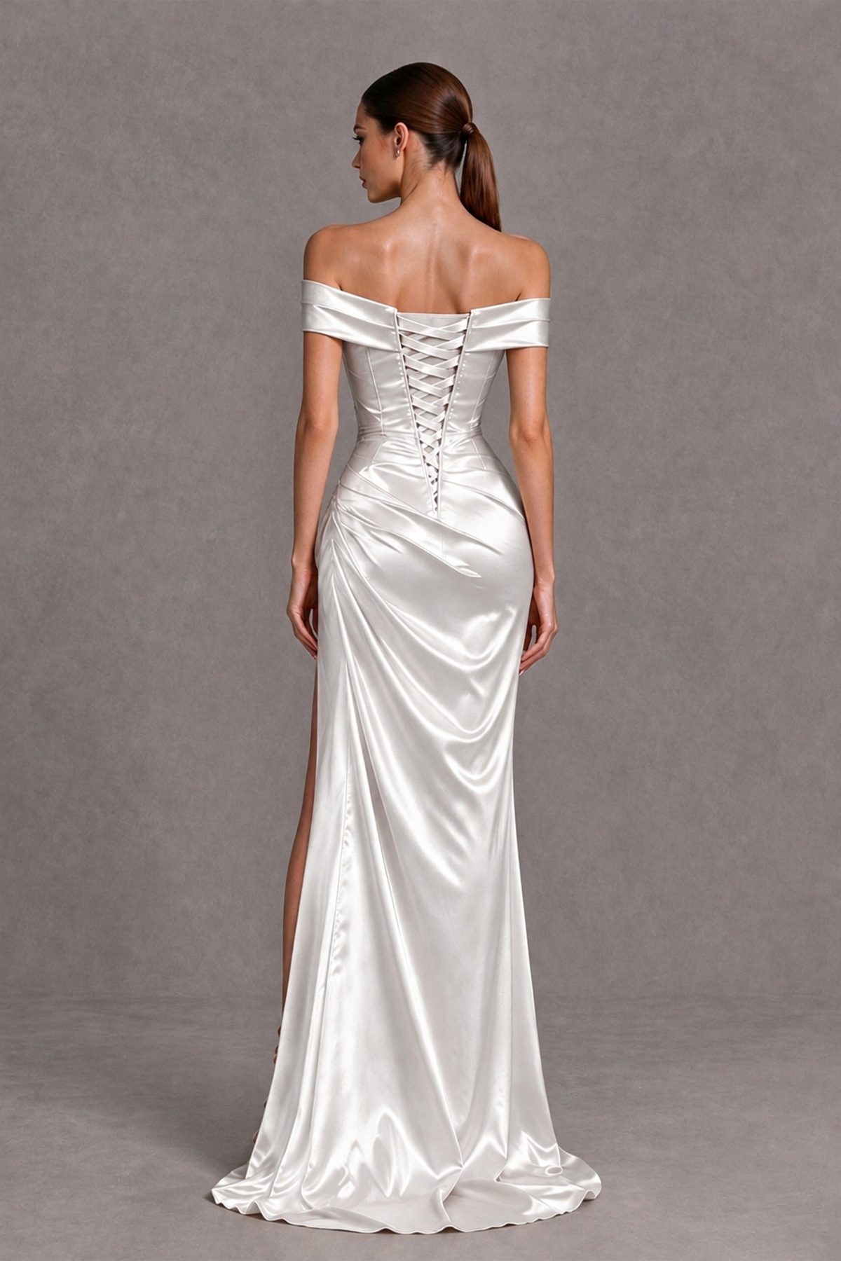 BOLODOO White Off-the-Shoulder Ruched Satin Prom & Evening Dress with High Slit - White - White_2