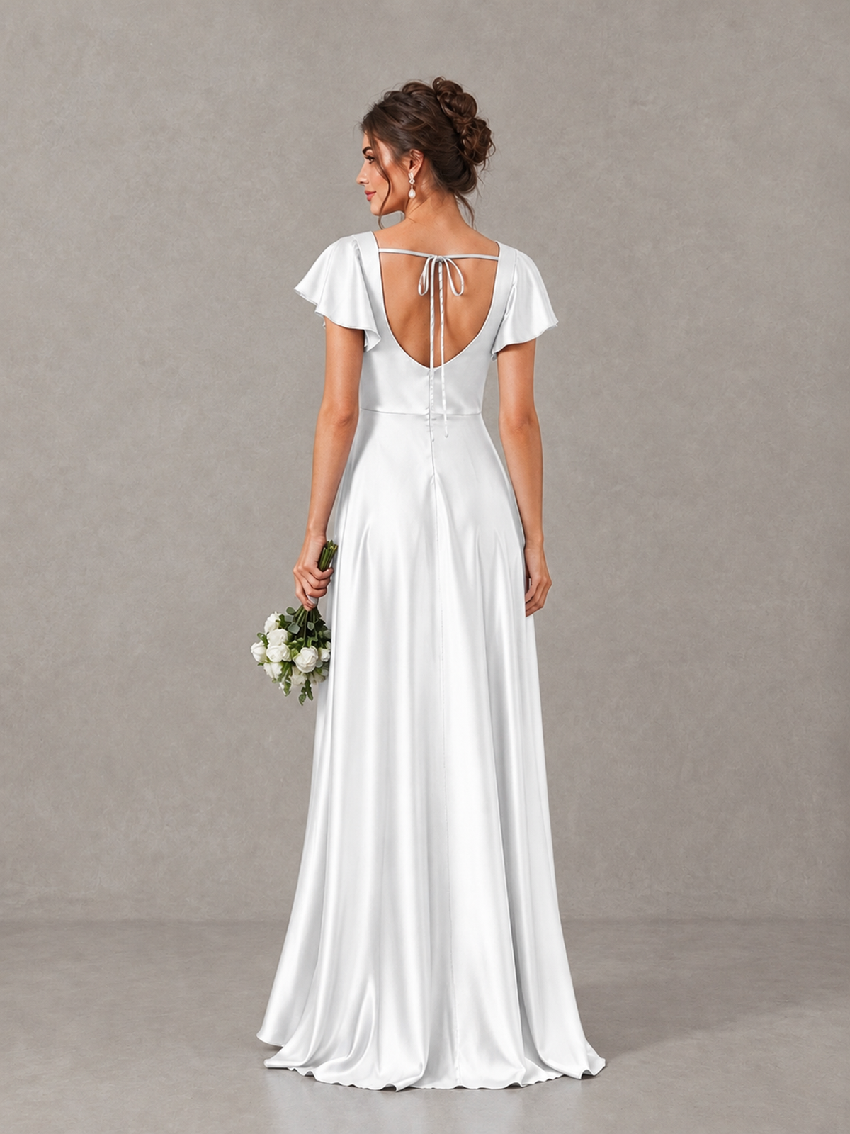 BOLODOO White Satin Square Neck Flutter Sleeve A-Line Bridesmaid Dress with Slit - White - White_2