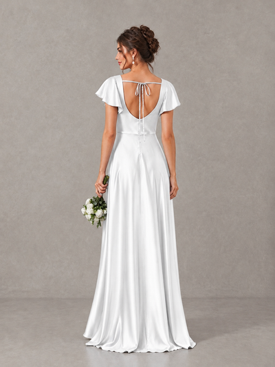 BOLODOO White Satin Square Neck Flutter Sleeve A-Line Bridesmaid Dress with Slit - White - White_2