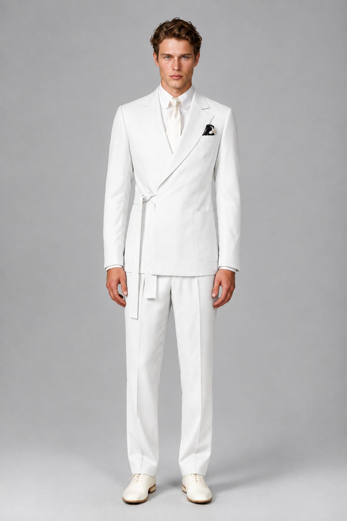 Bolodoo Men's White Wrap Tie-Waist Two-Piece Suit – Jacket & Trousers - White - White_2