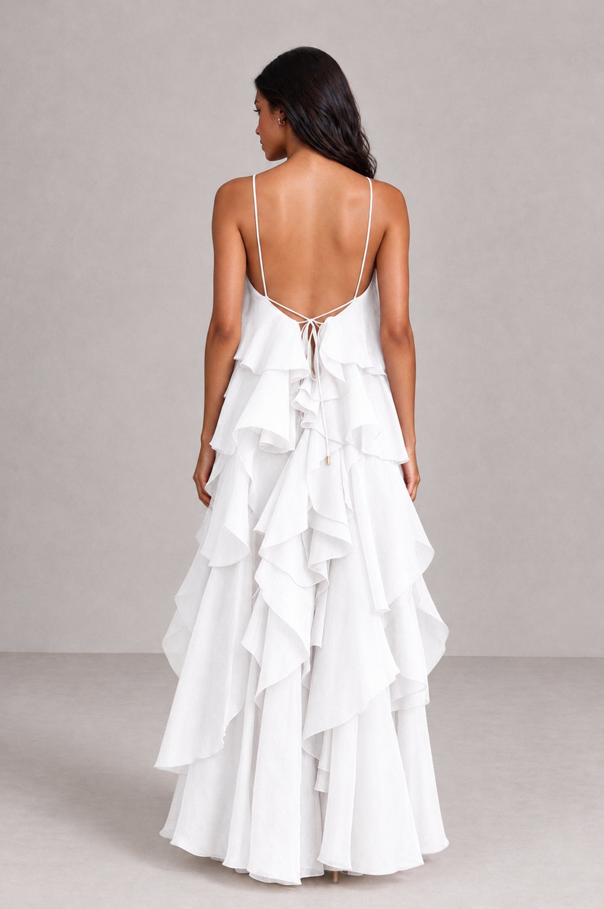 BOLODOO White Cascading Ruffle Rosette Open-Back Maxi Dress - White - White_2