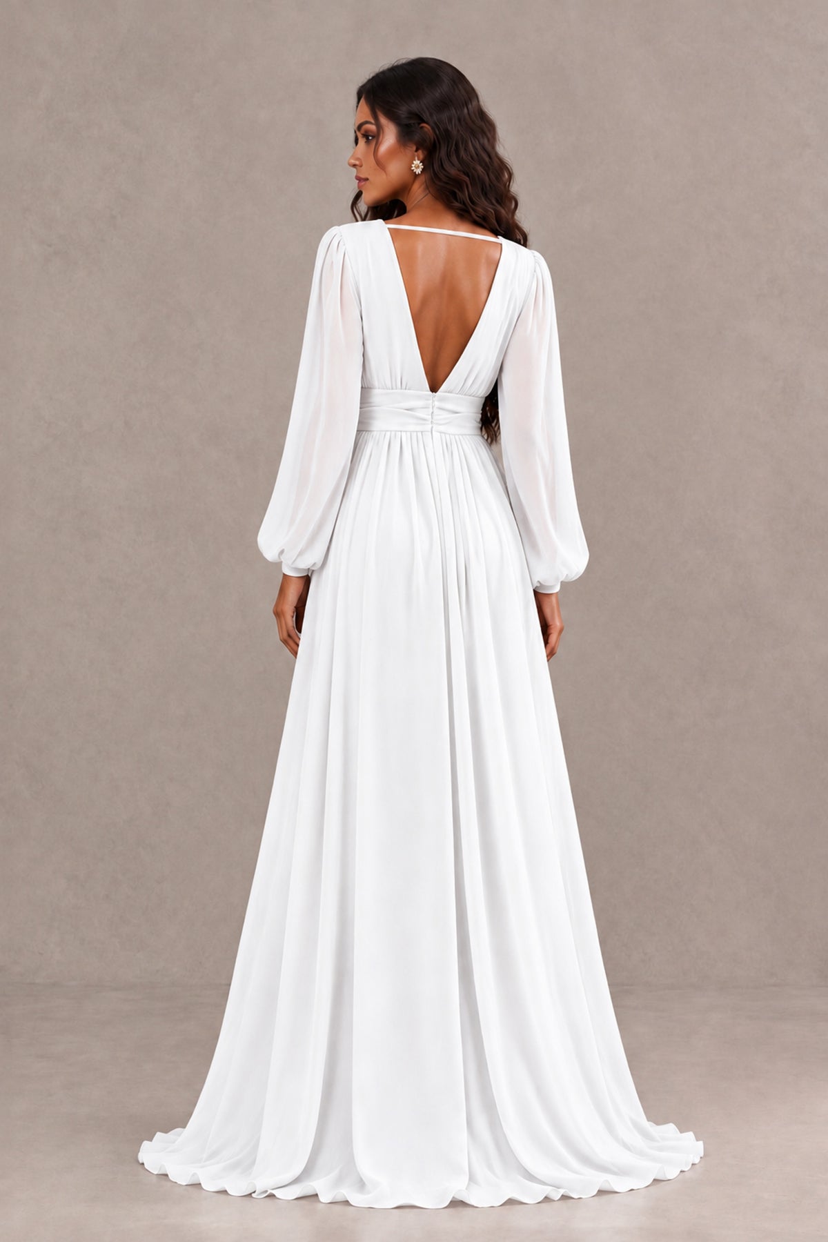 BOLODOO White Long Sleeve V-Neck A-Line Gown with Open Back & Slit - White - White_2